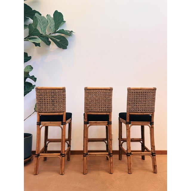 Brown Late 20th Century Palecek Rattan + Woven Seagrass Stools - Set of 3 For Sale - Image 8 of 9