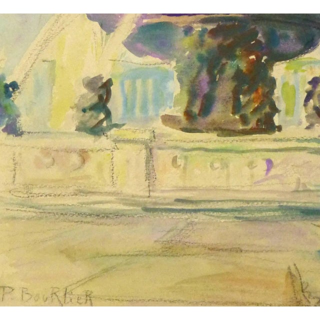 Vintage French watercolor featuring one of the Place de la Concorde's famous fountains with the Luxor Obelisk in the...