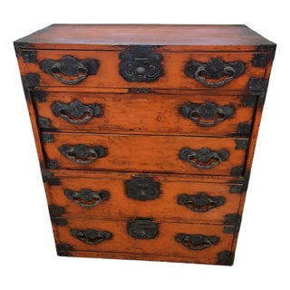 Antique Red Japanese Tansu Drawer Chest For Sale