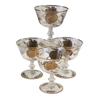 1960s 24k Gold Encrusted Crystal Sherbet Champagne Coupe Glasses Barware Set - Set of 4 For Sale