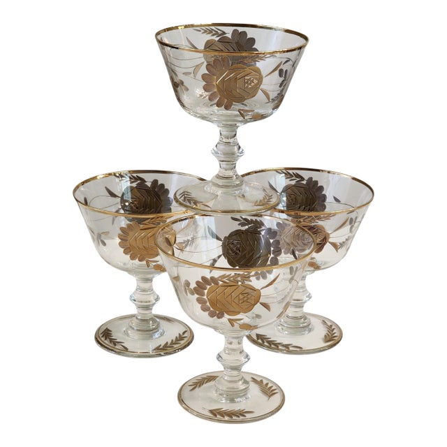 1960s 24k Gold Encrusted Crystal Sherbet Champagne Coupe Glasses Barware Set - Set of 4 For Sale