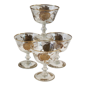1960s 24k Gold Encrusted Crystal Sherbet Champagne Coupe Glasses Barware Set - Set of 4