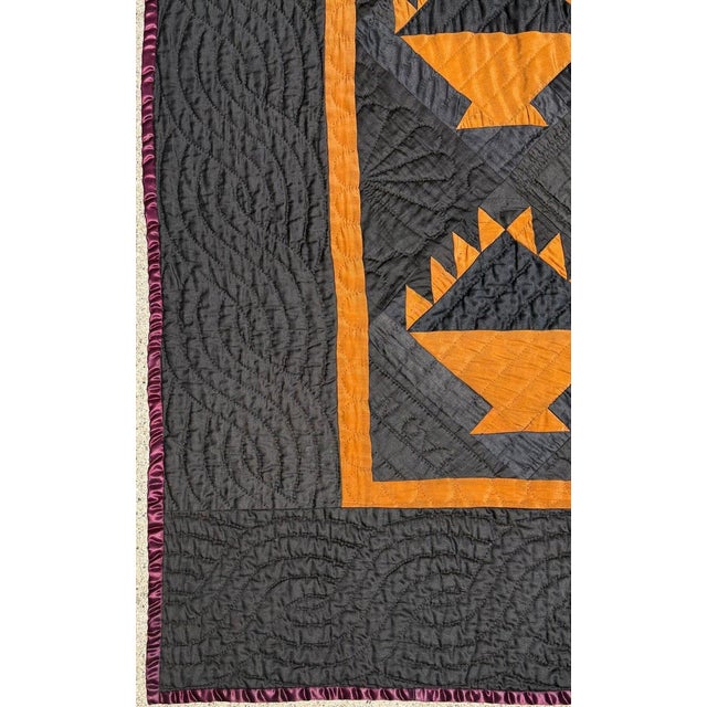Early 20Thc Amish Black Cotton Sateen W/ Wool Pumpkin Baskets Quilt From Ohio For Sale - Image 9 of 10