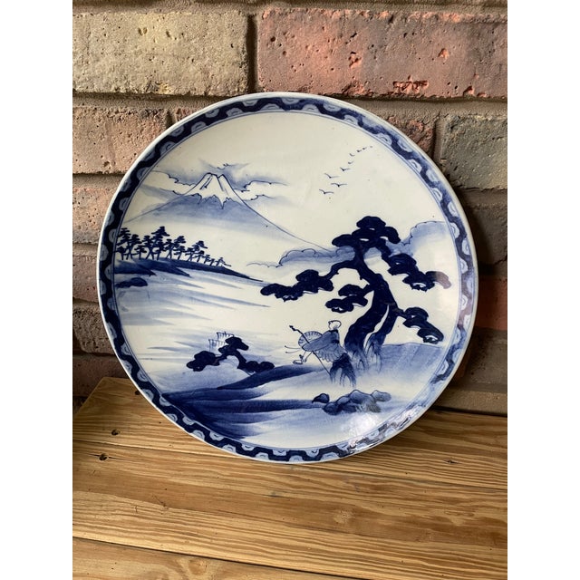 Early 20th Century Large 14.5" Blue and White Japanese Charger Mt Fuji For Sale - Image 17 of 17