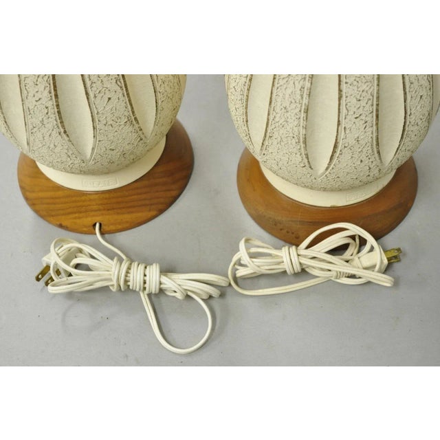 Vintage Mid Century Modern Sculpted White Ceramic & Teak Wood Table Lamps - Pair For Sale - Image 11 of 12