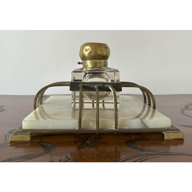 Art Deco Inkwell in Onyx, Gold Metal and Crystal Tray, 1920s For Sale - Image 3 of 10