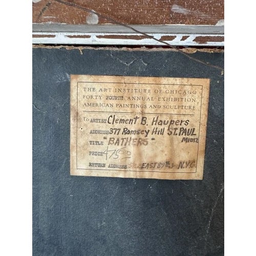 Antique 1925 Clement Haupers Oil on Board Art Deco Bathers Framed & With Labels For Sale - Image 9 of 10