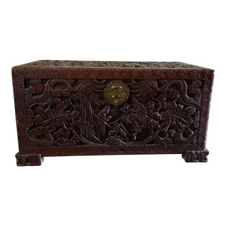 Vintage Asian Carved Wood Chest For Sale