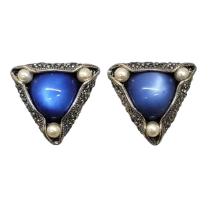 Vintage 1950s Signed Napier Silvertone Blue Moonglow & Faux-Pearl Clip Earrings - 2 Pieces