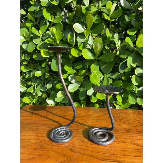 Metal Vintage Hand Forged Brutalist Wrought Iron Spiral Candlesticks, Stamped Jb - Pair For Sale - Image 7 of 12