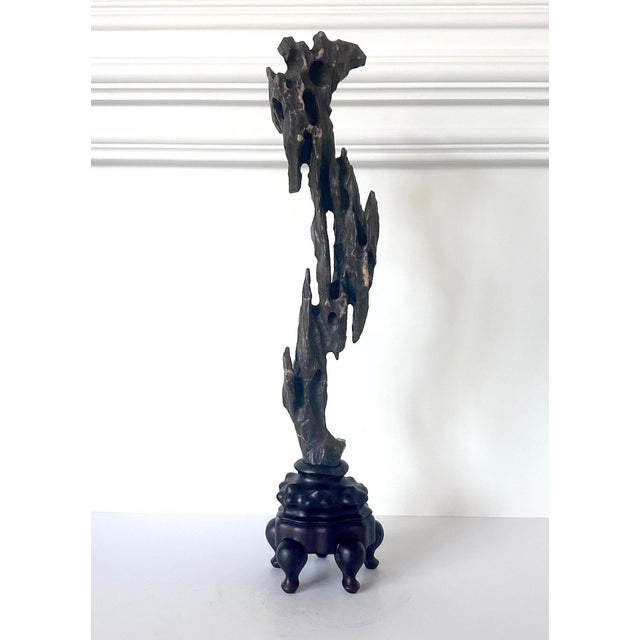 Chinese Scholar Stone Tall Slender Lingbi Rock on Display Stand For Sale - Image 12 of 17