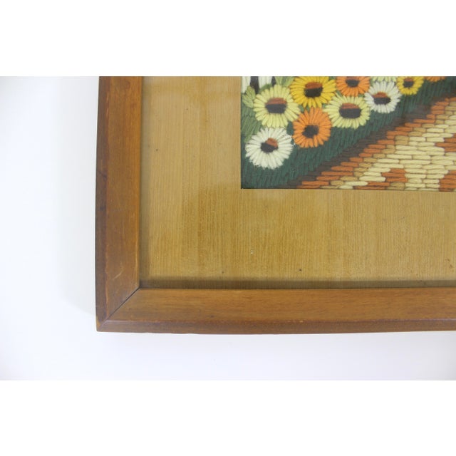 Vintage Framed Crewel Embroidery Art Cottage and Flowers For Sale - Image 4 of 11