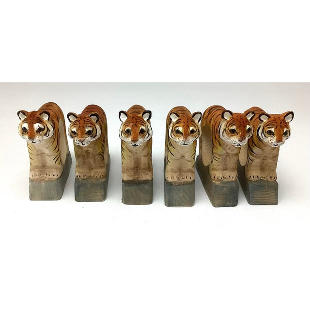 Vintage Hand-Carved Painted Tiger Figural Napkin Rings set of 6. Each one measures 3 1/2 inches wide by an inch by 3...
