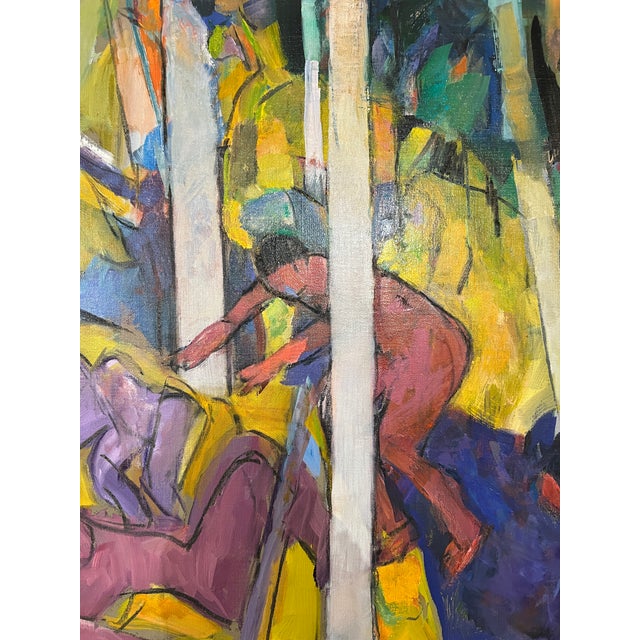 Abstract Colorful Figural Painting on Canvas For Sale - Image 3 of 5
