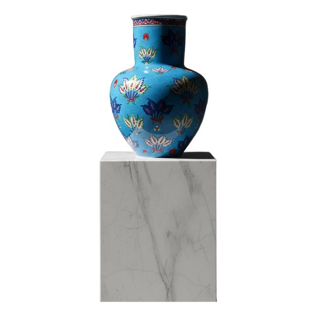 Handmade Ceramic Vase (30cm) – Turquoise “Firuze” Blue with Stylized Fan Flowers – Ottoman Palmette Design For Sale