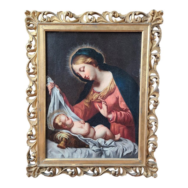 Antique 19th Century Baby Jesus Oil Painting Madonna Del Velo After Carlo Dolci For Sale