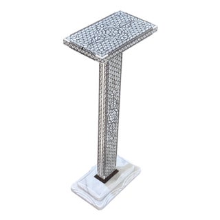 1990s Mother-of-Pearl Inlay Modern Style Pedestal / Side Table With Natural Marble Base For Sale
