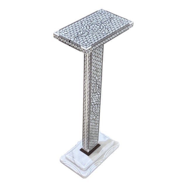1990s Mother-of-Pearl Inlay Modern Style Pedestal / Side Table With Natural Marble Base For Sale