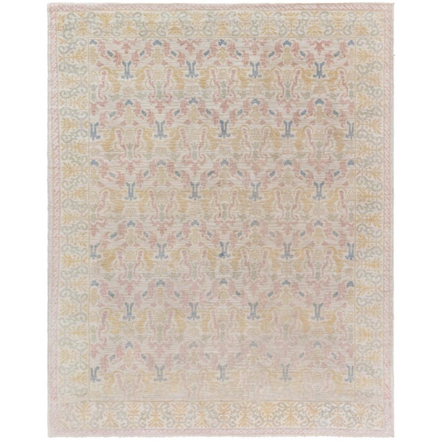Doris Leslie Blau Vintage Spanish Floral Soft Beige Hand-Knotted Wool Carpet For Sale