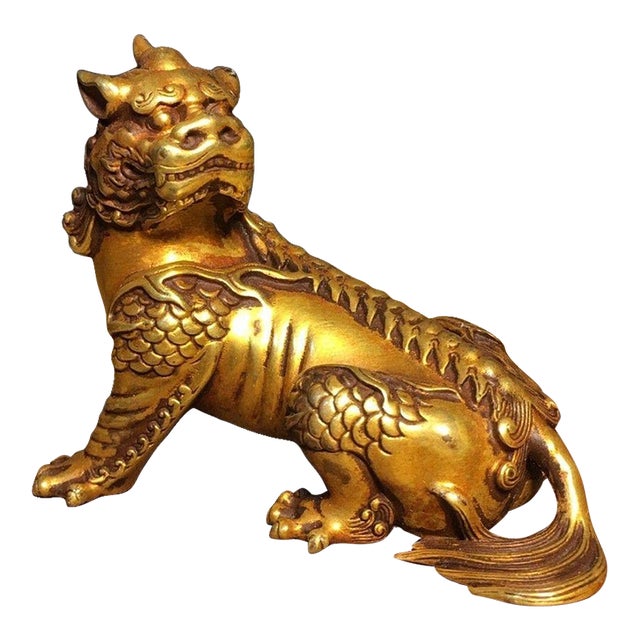 Vintage Gilt Copper Figure of Diting – Mythical Beast Statue For Sale