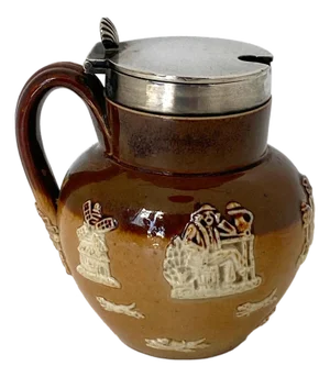 English Royal Doulton Lambeth Sterling Silver Mounted Saltglaze Pottery Mustard Pot
