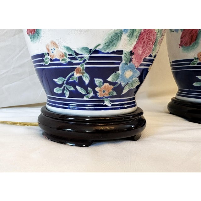 Vintage Ceramic Vase Lamps With Elegant Floral Design on Wood Plinths- A Pair For Sale - Image 9 of 12