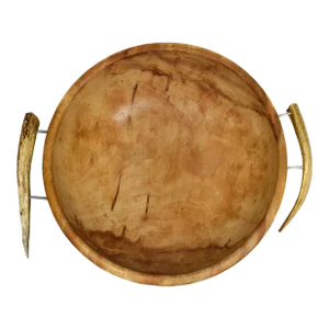 Mid-Century Organic Rustic Handmade Wood Carved Solid Wood Round Bowl With Natural Antler Handles