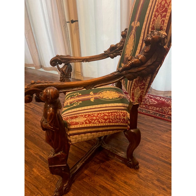 Wood Italian Carved 19th Century Baroque Venetian Upholstered Throne Chair For Sale - Image 7 of 11