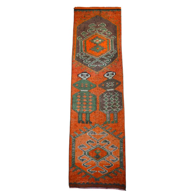 Mythological Runner Rug Hand-Knotted 2'9"x9'6" Vibrant Orange Turkish Rug Kitchen Runner Extraterrestrial Motif For Sale - Image 10 of 14