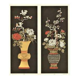 1873 French Antique Chromolithograph "Art Chinois Moderne"- Chinese Decorative Flower in Urns