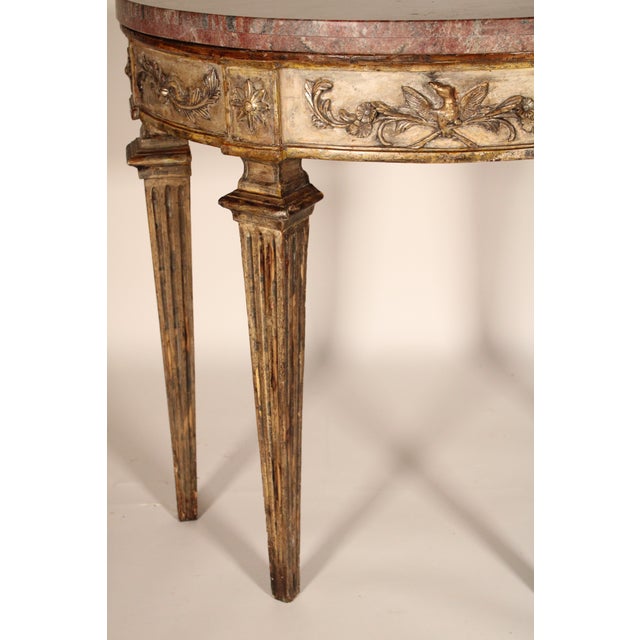 Antique Louis XVI Style Silver Leaf and Painted Marble Top Console Table For Sale In Los Angeles - Image 6 of 11