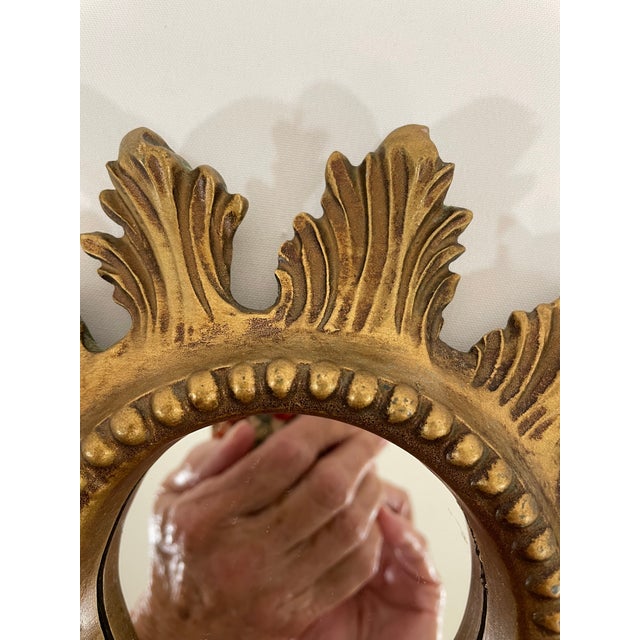 Gold Vintage 1960s Petite 8.5" Acanthus Leaf Sunburst Wall Mirror For Sale - Image 8 of 16