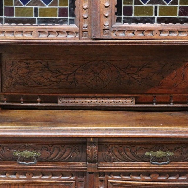 Wood English Jacobean Carved Oak Sideboard With Ornate Stained Glass C1900 For Sale - Image 7 of 16