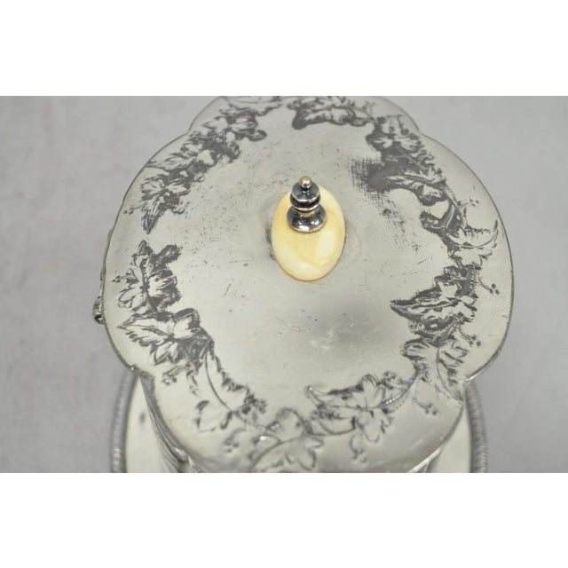 Antique Victorian Silver Plated Etched Footed Hinged Biscuit Barrel Jar on Stand For Sale - Image 9 of 18