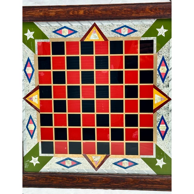 Fancy & Colorful Antique Oak Framed Reverse Painted Glass With Abalone Shell & Silver Foil Backed Wall Hanging Game Board For Sale In Boston - Image 6 of 18