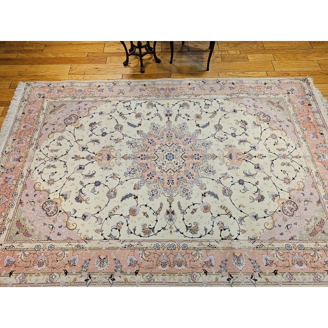 19th Century Persian Tabriz Rug, Hand-Knotted Wool & Silk, Fine Floral Pattern, Ivory & Pink, 7x10 For Sale - Image 5 of 15