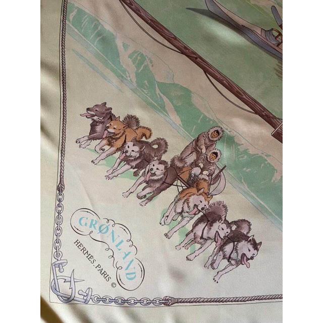HERMES GRONLAND light green silk scarf 1992 designed by Philippe Ledoux This Hermes scarf is a tribute to Greenland and...