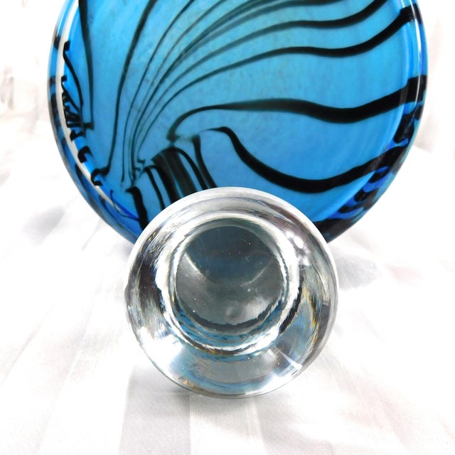 Glass Blue and Black Striped Wide Bottom Decanter or Vase # 27159 For Sale - Image 7 of 7