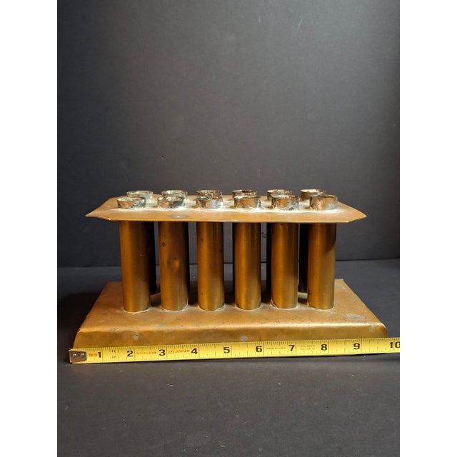 Rustic Ultra Rare Antique 18th C Heavy Brass 12 Tube Candle Mold Primitive Corks 5x10 For Sale - Image 3 of 16