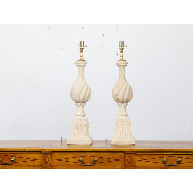 Rustic 19th Century Pine Twisted Finials on Tall Bases Mounted as Table Lamps - a Pair For Sale - Image 3 of 10