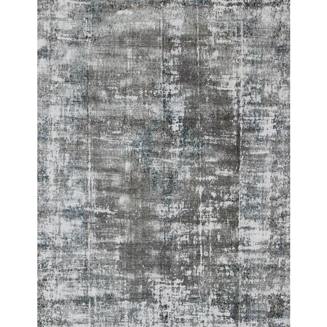 Distressed Vintage Persian Rug with Abstract Modern Design in Shades of Warm Gray, Silver, and Blue colors. Measures: 9'9...
