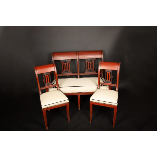 Directoire Period Oxblood Salon Suite w/ Saber Legs and Scrolled Backs, Late 18C - Set of 3 For Sale In New York - Image 6 of 10