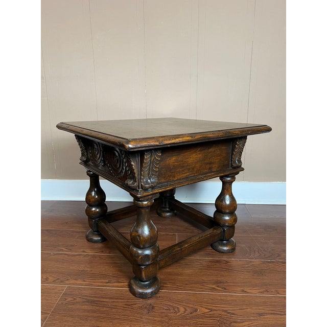 Antique English Side End Table Small Square Carved Oak Jacobean Revival C1910 For Sale - Image 11 of 18