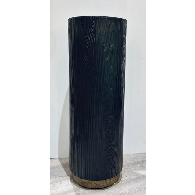 Original retail $2240, stylish Currey & Company Modern Terra Bronze and Brass Pedestal, showroom floor sample