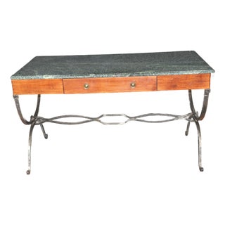 Regency Style Verdi Marble Top Desk With Forged Iron Base For Sale