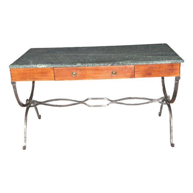 Regency Style Verdi Marble Top Desk With Forged Iron Base For Sale