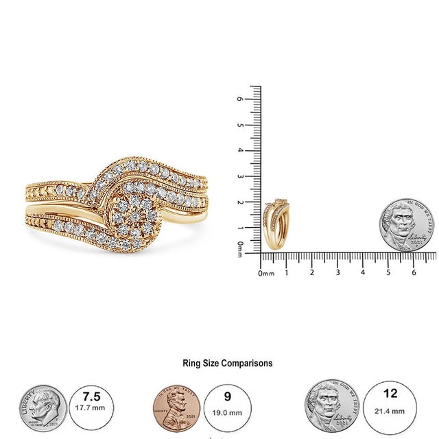 14K Yellow Gold Plated .925 Sterling Silver 1/3ct Cttw Multi-Diamond Bypass Vintage-Style Bridal Set Ring and Band (I-J Color, I3 Clarity) - Size 8 For Sale In New York - Image 6 of 6