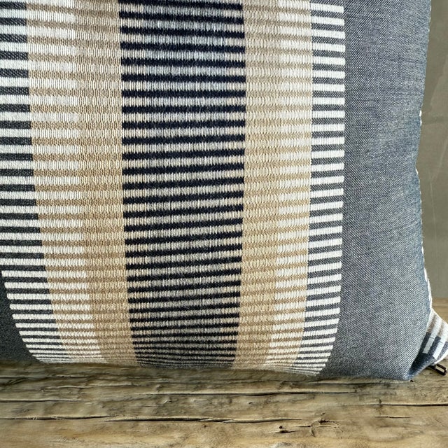 Designer Lumber Pillow in Blue Tan & White Stripe Includes Down Feather Insert For Sale - Image 4 of 6