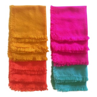 Vintage Bright Multicolored Woven Cotton Blend Fringed Edge Square Table Napkins - Set of 11 For Sale