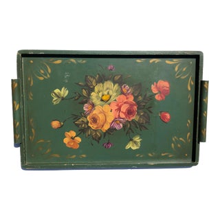 Roses and Daisies on Green Tray- Hand Painted Vintage W Deco Handles For Sale
